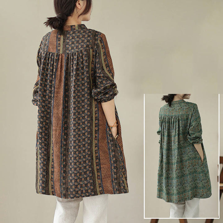 Buddha Stones Retro Printed Floral Women's Accordion Pleats Design Long Sleeve Shirt With Pockets - image 22