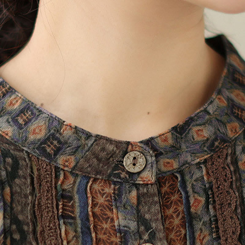 Buddha Stones Retro Printed Floral Women's Accordion Pleats Design Long Sleeve Shirt With Pockets - image 10