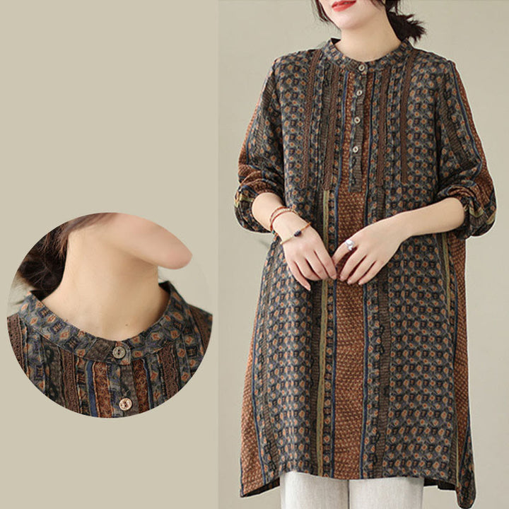 Buddha Stones Retro Printed Floral Women's Accordion Pleats Design Long Sleeve Shirt With Pockets - image 8