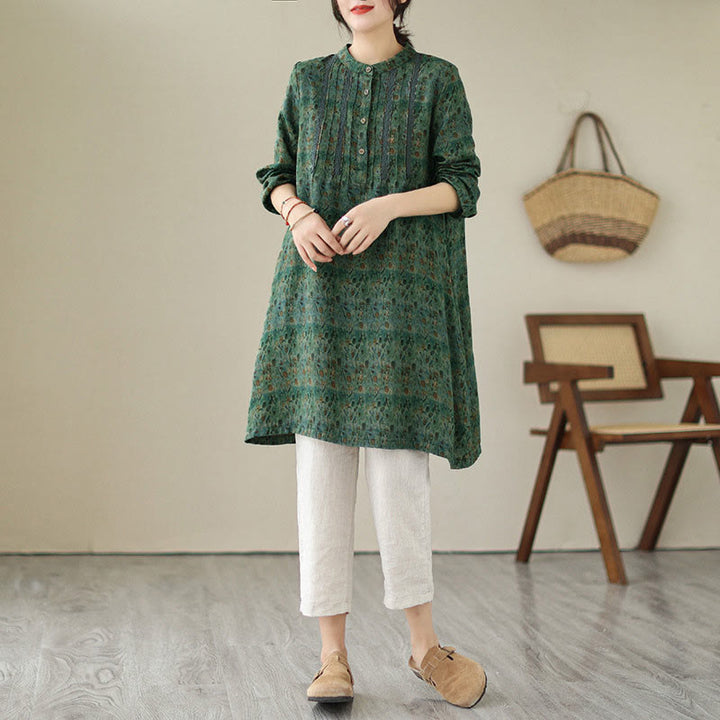 Buddha Stones Retro Printed Floral Women's Accordion Pleats Design Long Sleeve Shirt With Pockets - image 19