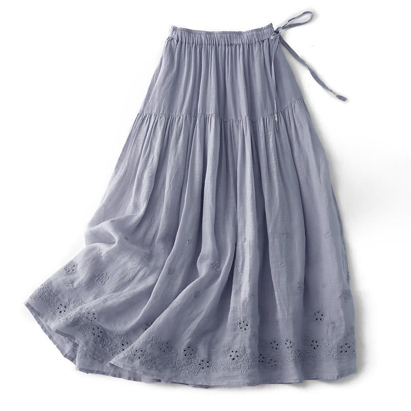 Buddha Stones Embroidery Hollow Design A-line Drawstring High Waist Women's Skirt With Pockets - SlateBlue - US8-10，UK/AU12-14，EU40-42 (2XL) - image 0