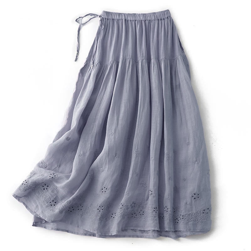 Buddha Stones Embroidery Hollow Design A-line Drawstring High Waist Women's Skirt With Pockets - image 1