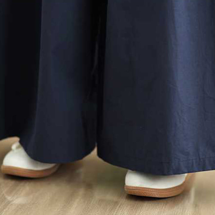 Buddha Stones Darkblue Plain Lace-up Design Women's Wide Leg Elastic Waist Pants With Pockets - image 13