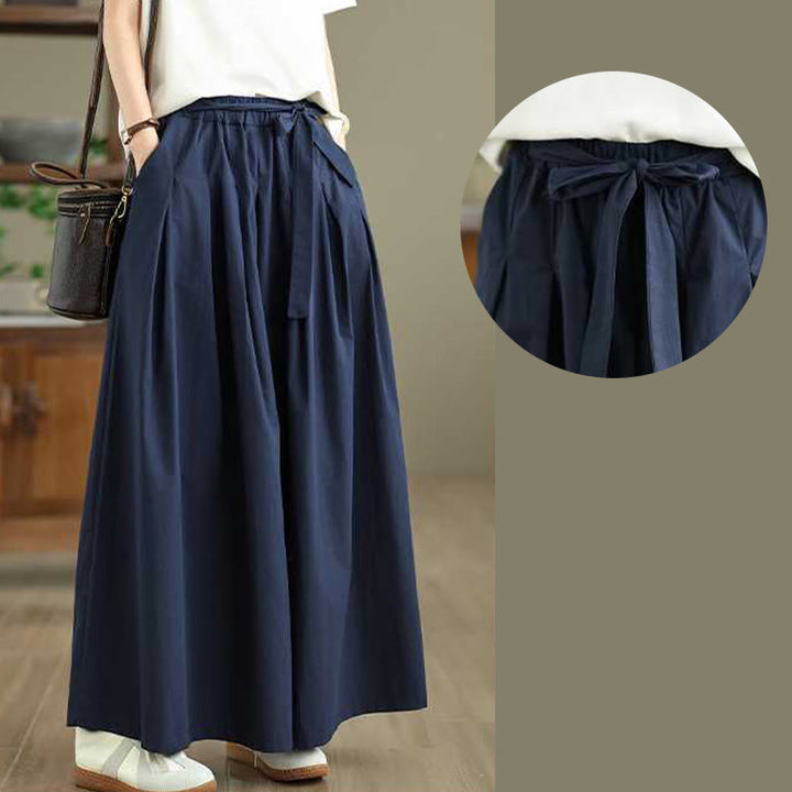 Buddha Stones Darkblue Plain Lace-up Design Women's Wide Leg Elastic Waist Pants With Pockets - image 7