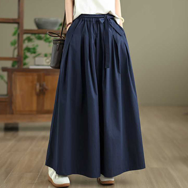 Buddha Stones Darkblue Plain Lace-up Design Women's Wide Leg Elastic Waist Pants With Pockets - image 5