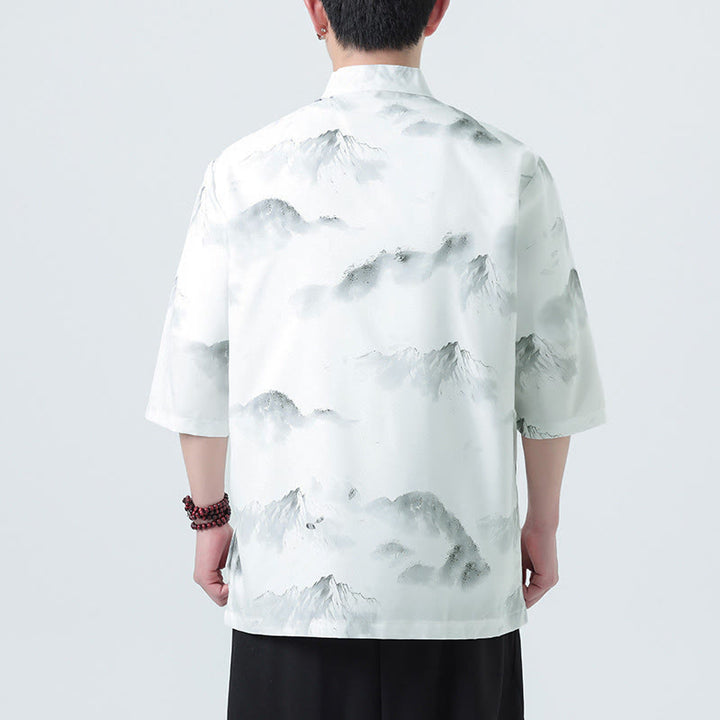 Buddha Stones Printing Chinese Ink Landscape Pattern Men's Frog-button Half Sleeve Shirts - image 13