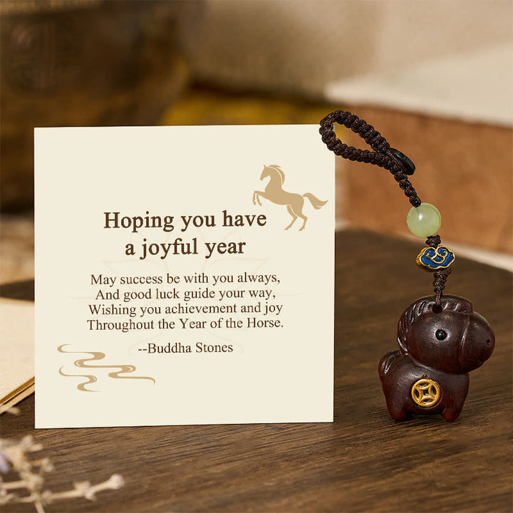 Buddha Stones "Hoping You Have a Joyful Year" Year of the Horse Rainbow Eucalyptus Small Leaf Red Sandalwood Key Chain Includes Gift Message Card - Small Leaf Red Sandalwood - Standard Gift Box - image 16