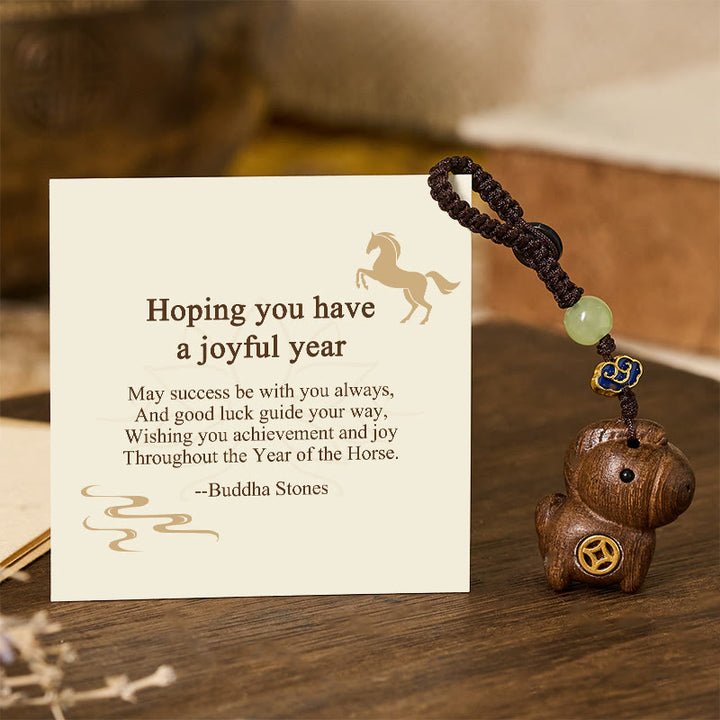 Buddha Stones "Hoping You Have a Joyful Year" Year of the Horse Rainbow Eucalyptus Small Leaf Red Sandalwood Key Chain Includes Gift Message Card - Ebony - Standard Gift Box - image 27