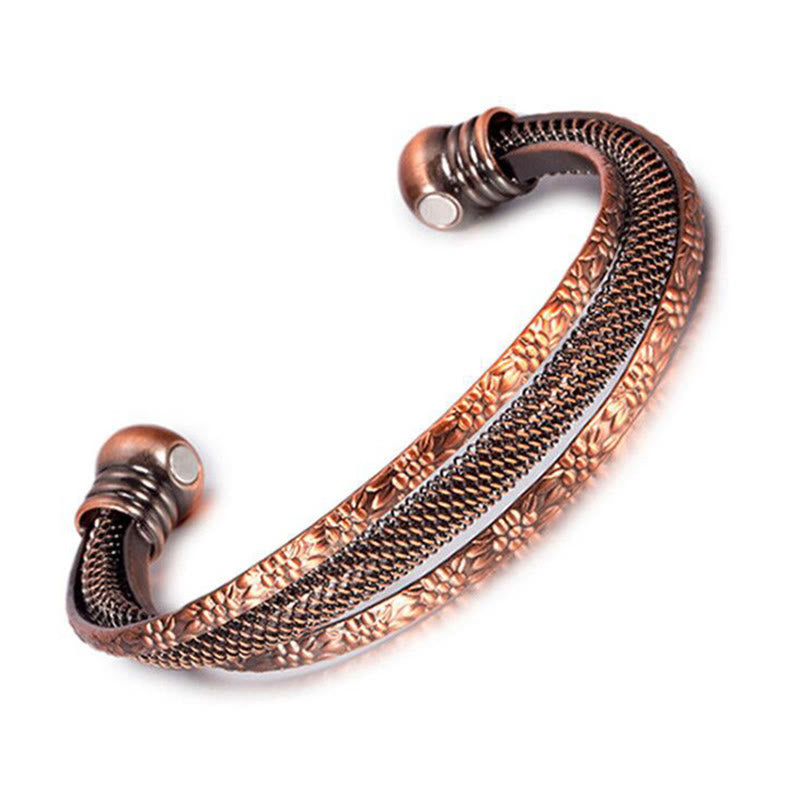 Buddha Stones Retro Textured Flower Pattern Twisted Copper Balance Luck Open Cuff Bracelet Bangle - Patterned(Inner Diameter: 59mm) - image 0