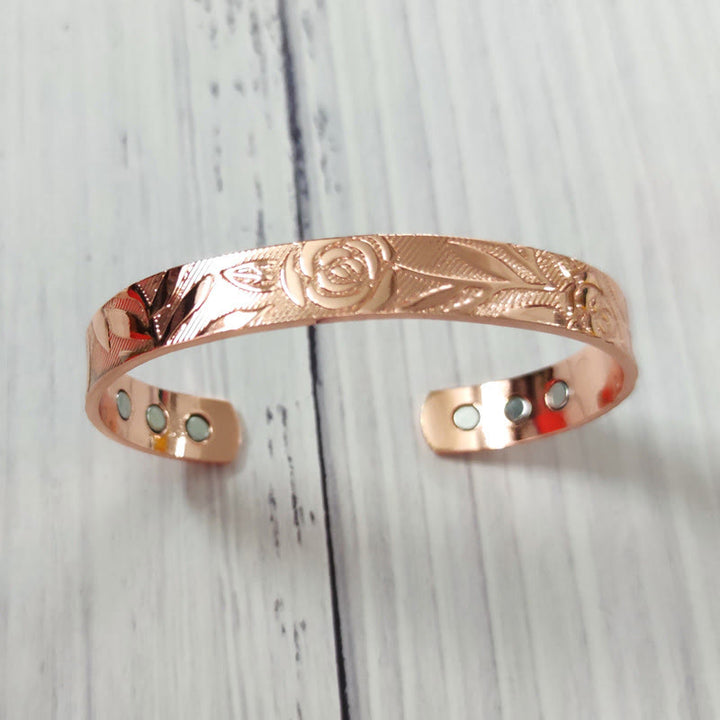 Buddha Stones Rose Flower Pattern Copper Balance Luck Open Cuff Bracelet Bangle - image 5