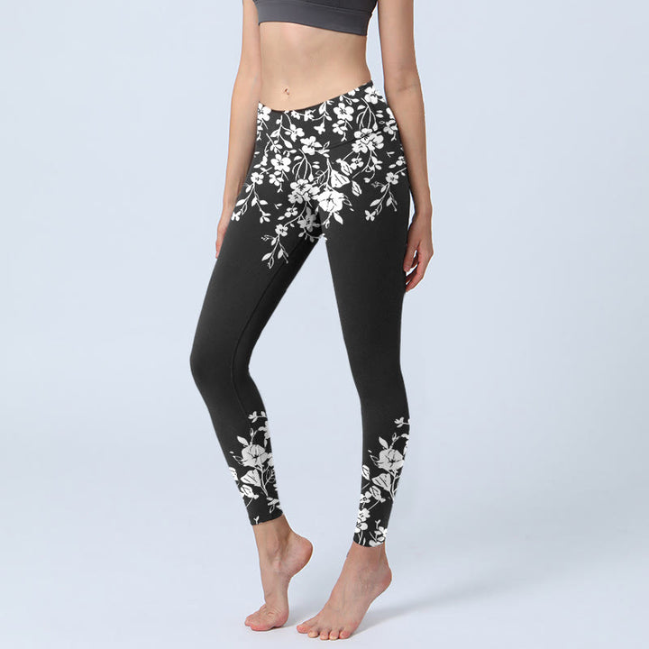 Buddha Stones Gorgeous Minimalist Style Flower Pattern Print Gym Leggings Women's Yoga Pants - Black - US18，UK/AU22，EU50 (4XL) - image 0