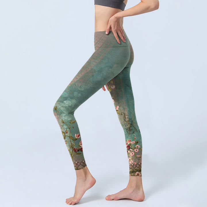 Buddha Stones Symmetrical Retro Flower Leaf Vine Fence Pattern Print Gym Leggings Women's Yoga Pants - image 2