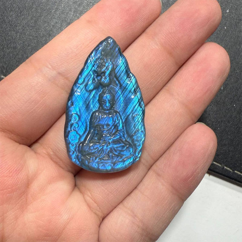 Buddha Stones Engraving Buddha Natural Labradorite Teardrop Shape Figurine Cure Statue Home Decoration - Blue Buddha 3.5*3.5*0.8cm - image 0