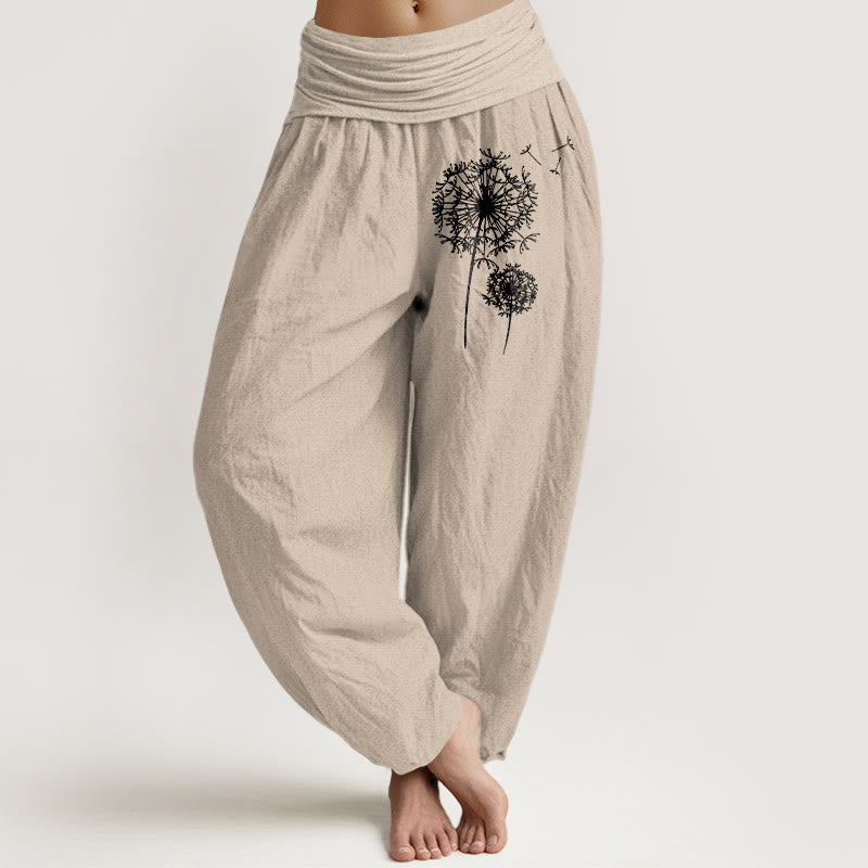 Buddha Stones Pure Cotton Minimalist Style Dandelion Pattern Women's Elastic Waist Harem Pants - Tan - US16，UK/AU20，EU48 (3XL) - image 0