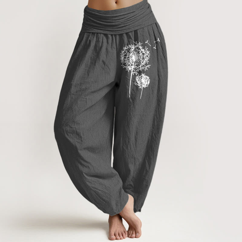 Buddha Stones Pure Cotton Minimalist Style Dandelion Pattern Women's Elastic Waist Harem Pants - DimGray - US16，UK/AU20，EU48 (3XL) - image 11