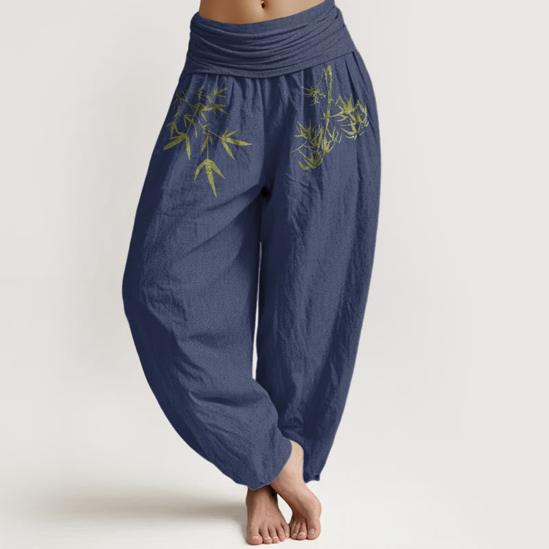 Buddha Stones Pure Cotton Minimalist Style Bamboo Leaf Pattern Women's Elastic Waist Harem Pants - DarkSlateBlue - US16，UK/AU20，EU48 (3XL) - image 8