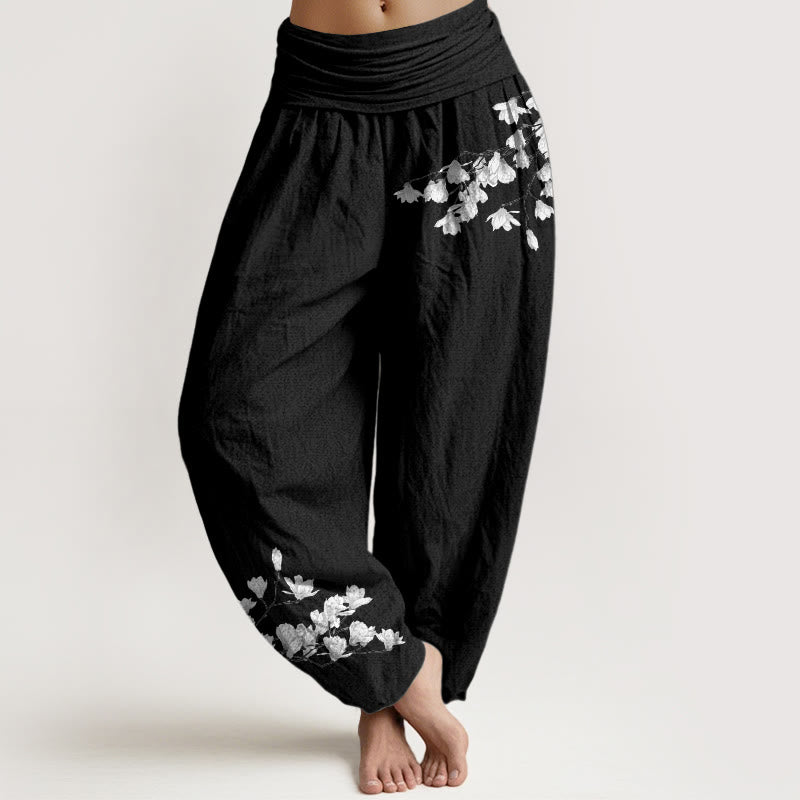 Buddha Stones Pure Cotton Minimalist Style Magnolia Flower Pattern Women's Elastic Waist Harem Pants - Black - US16，UK/AU20，EU48 (3XL) - image 0