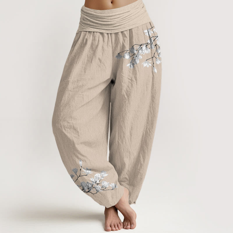 Buddha Stones Pure Cotton Minimalist Style Magnolia Flower Pattern Women's Elastic Waist Harem Pants - Tan - US16，UK/AU20，EU48 (3XL) - image 11