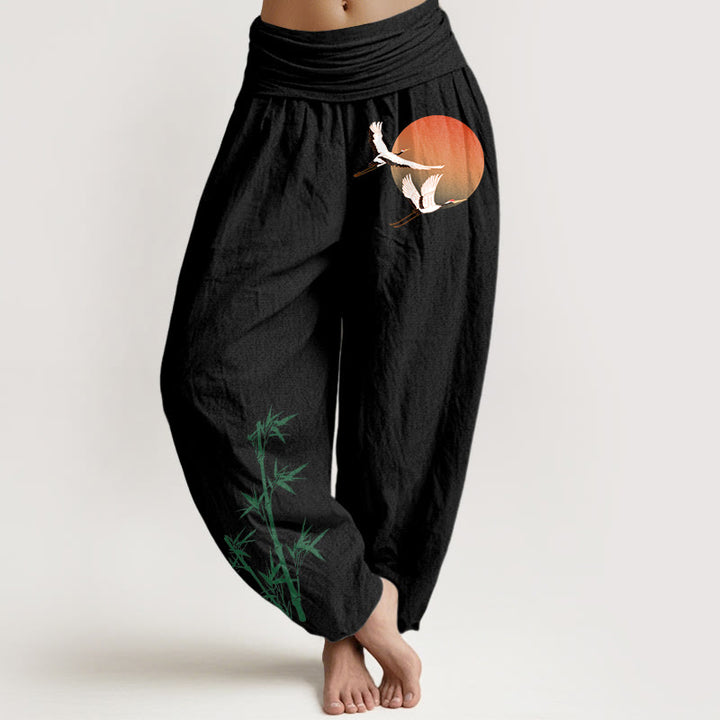 Buddha Stones Pure Cotton Elegant Sun Crane Bamboo Pattern Women's Elastic Waist Harem Pants - Black - US16，UK/AU20，EU48 (3XL) - image 5