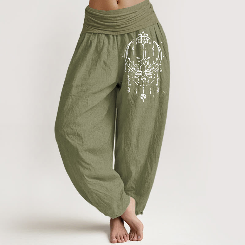 Buddha Stones Pure Cotton Elegant Lotus Pattern Women's Elastic Waist Harem Pants - OliveDrab - US16，UK/AU20，EU48 (3XL) - image 14