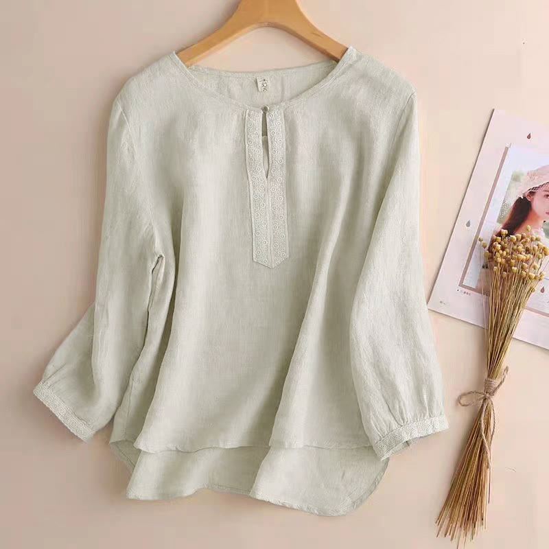 Buddha Stones Casual Plain Women's Hollow Crew Neck Design Three Quarter Sleeve Shirt - Linen - US8-10，UK/AU12-14，EU40-42 (2XL) - image 9