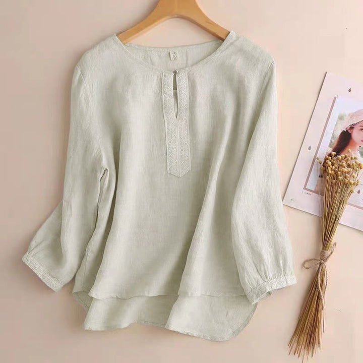 Buddha Stones Casual Plain Women's Hollow Crew Neck Design Three Quarter Sleeve Shirt - Linen - US8-10，UK/AU12-14，EU40-42 (2XL) - image 9