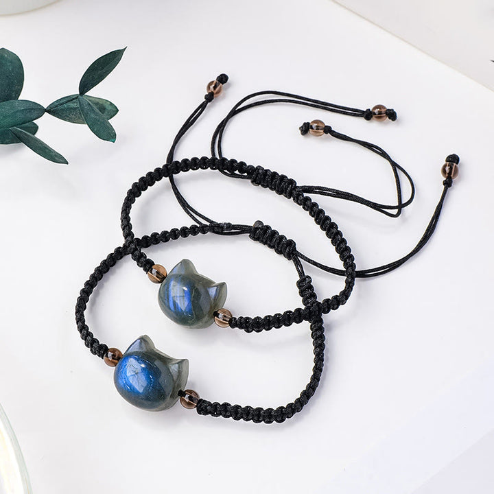 Buddha Stones Cute Cat Head Charm Natural Labradorite Rope Healing Change Bracelet - image 0