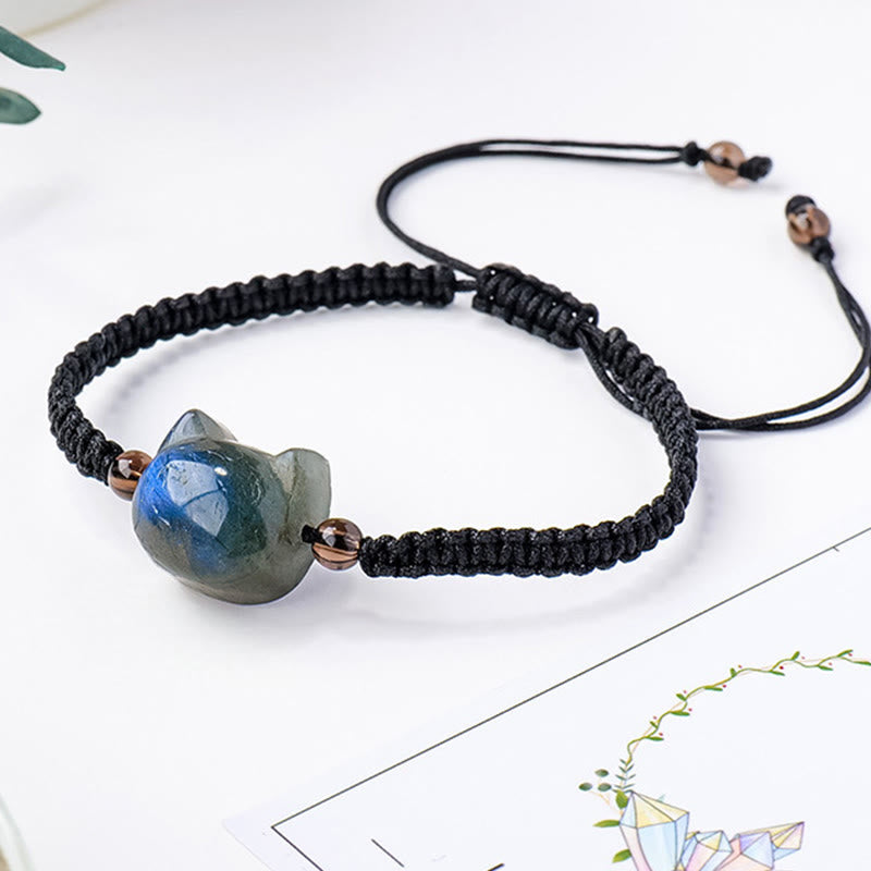 Buddha Stones Cute Cat Head Charm Natural Labradorite Rope Healing Change Bracelet - image 4