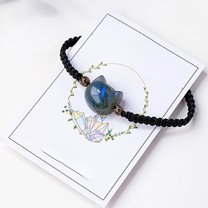 Buddha Stones Cute Cat Head Charm Natural Labradorite Rope Healing Change Bracelet - image 2