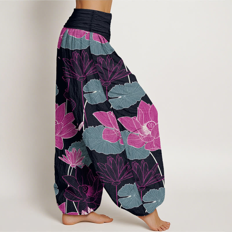 Buddha Stones Pure Cotton Retro Lotus Flowers Leaves Pattern Women's Elastic Waist Harem Pants - image 2