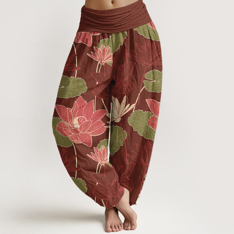 Buddha Stones Pure Cotton Retro Lotus Flowers Leaves Pattern Women's Elastic Waist Harem Pants - Brown - US16，UK/AU20，EU48 (3XL) - image 5