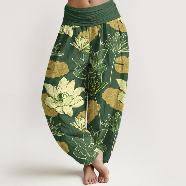Buddha Stones Pure Cotton Retro Lotus Flowers Leaves Pattern Women's Elastic Waist Harem Pants - Green - US16，UK/AU20，EU48 (3XL) - image 8