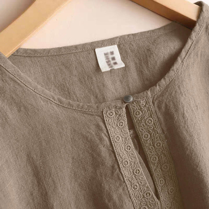 Buddha Stones Casual Plain Women's Hollow Crew Neck Design Three Quarter Sleeve Shirt - image 2