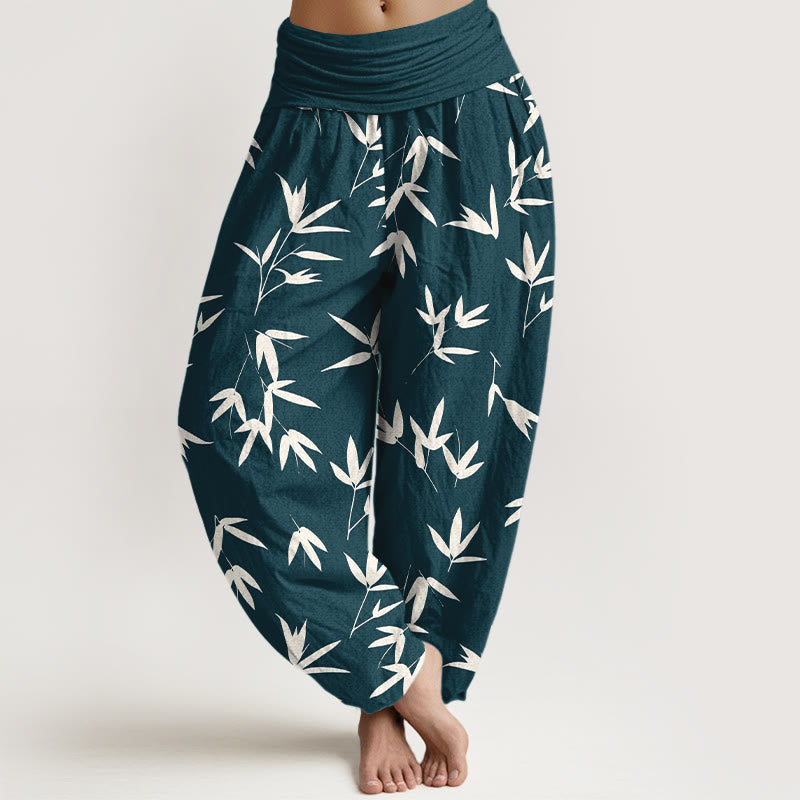 Buddha Stones Pure Cotton Simple Elegant Bamboo Leaf Pattern Women's Elastic Waist Harem Pants - DarkSlateGray - US16，UK/AU20，EU48 (3XL) - image 0