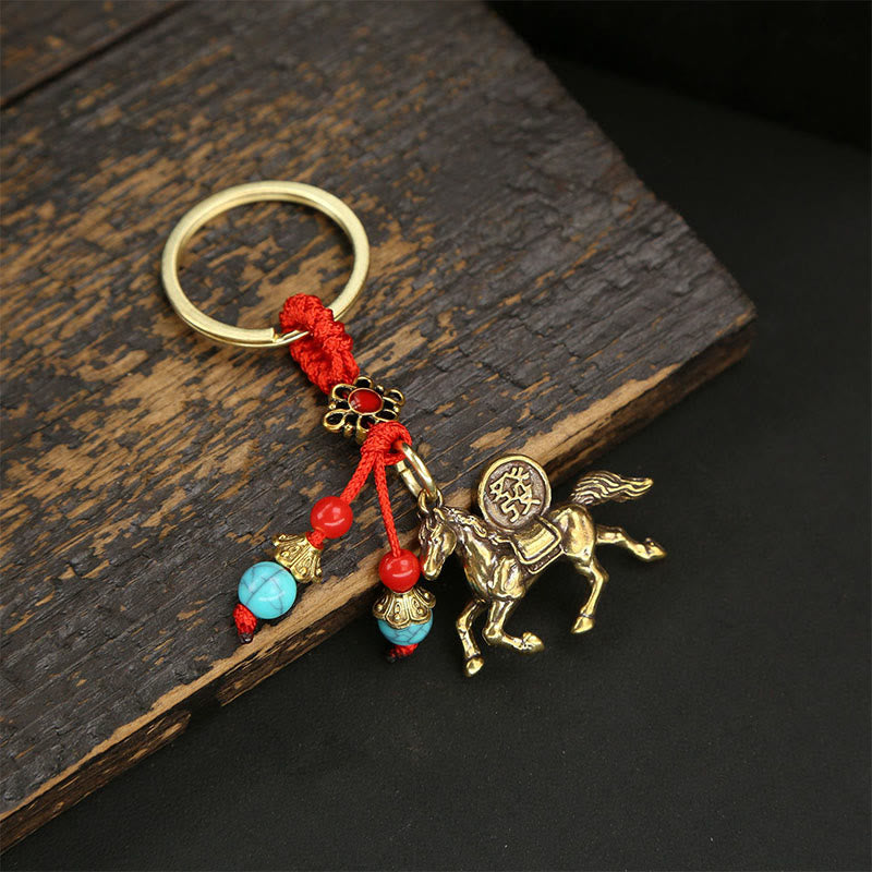 Buddha Stones Year Of The Horse Copper Brass Five-Emperor Coins Wealth Key Chain - Red String Blue Bead Horse - image 1