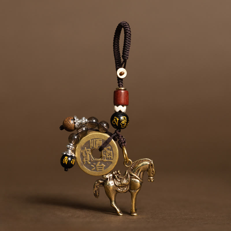 Buddha Stones Year Of The Horse Copper Brass Five-Emperor Coins Om Mani Padme Hum Protection Key Chain - Om Mani Padme Hum Horse(Size: 36*31 mm) - image 1