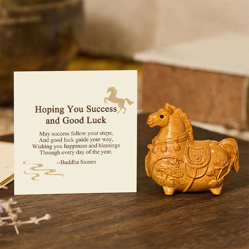 Buddha Stones "Hoping You Success and Good Luck" Mini Year of the Horse Lotus Ebony Linden Wood Green Sandalwood Decoration Includes Gift Message Card - Linden Wood 5.5*5*3.2cm - Standard Gift Box - image 0