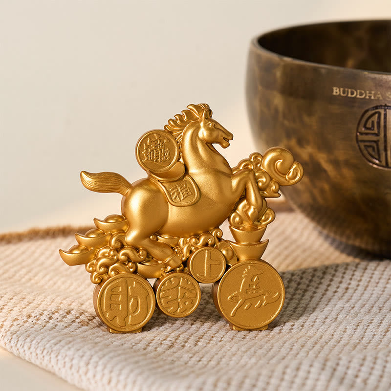 Buddha Stones "Hoping You Success and Good Luck" Year of the Horse Get Rich Now Ingot Fu Character Alloy Decoration Includes Gift Message Card - image 1
