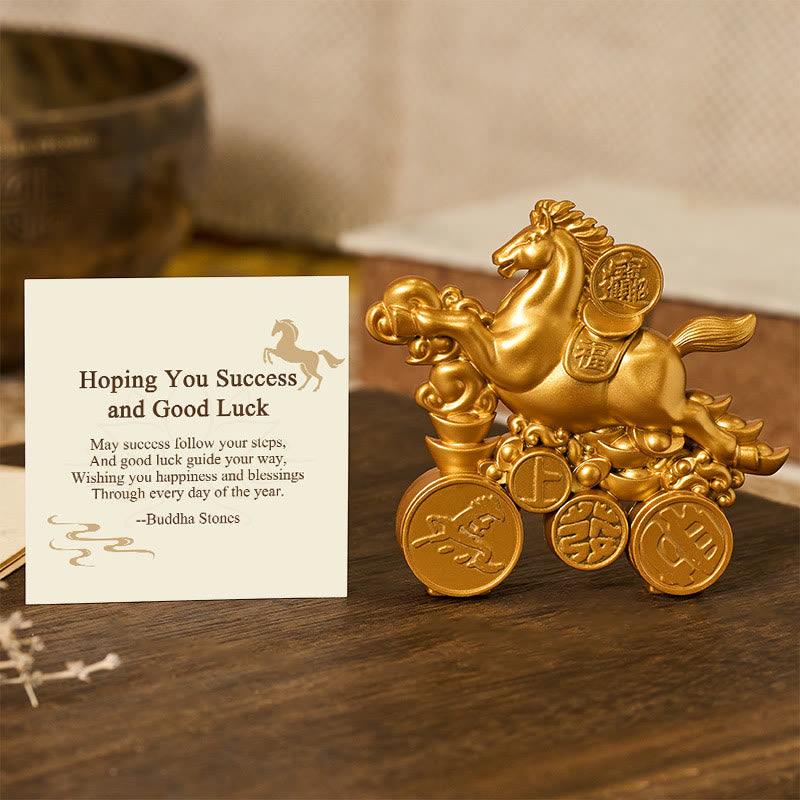 Buddha Stones "Hoping You Success and Good Luck" Year of the Horse Get Rich Now Ingot Fu Character Alloy Decoration Includes Gift Message Card - Horse 9.8*8.8cm - image 0
