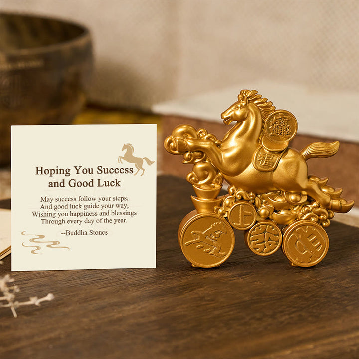 Buddha Stones "Hoping You Success and Good Luck" Year of the Horse Get Rich Now Ingot Fu Character Alloy Decoration Includes Gift Message Card - Horse 9.8*8.8cm - image 0