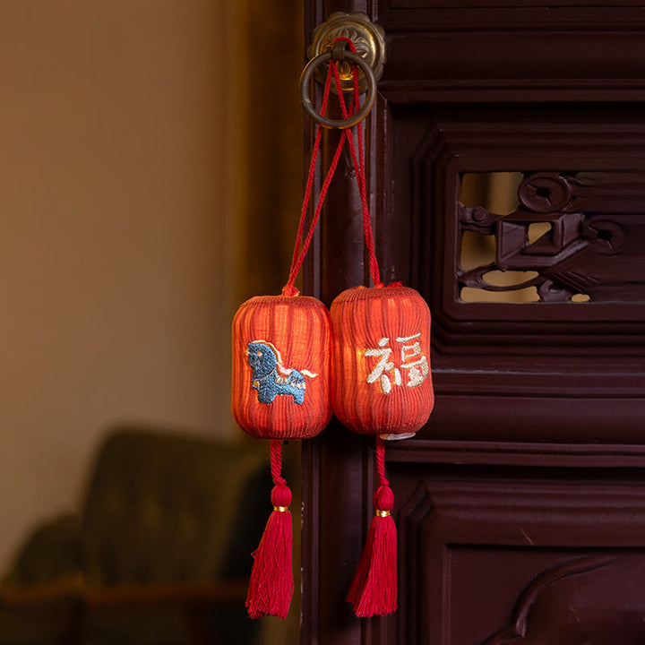 Buddha Stones Year Of The Horse Red String Fu Character Luck Embroidery Hanging Decoration - image 0
