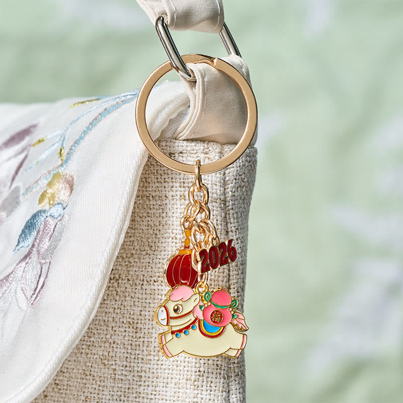 Buddha Stones "Hoping You Have a Joyful Year" Year of the Horse Lantern Fu Character Glutinous Rice Balls Bowl Gourd Alloy Key Chain Includes Gift Message Card - image 12