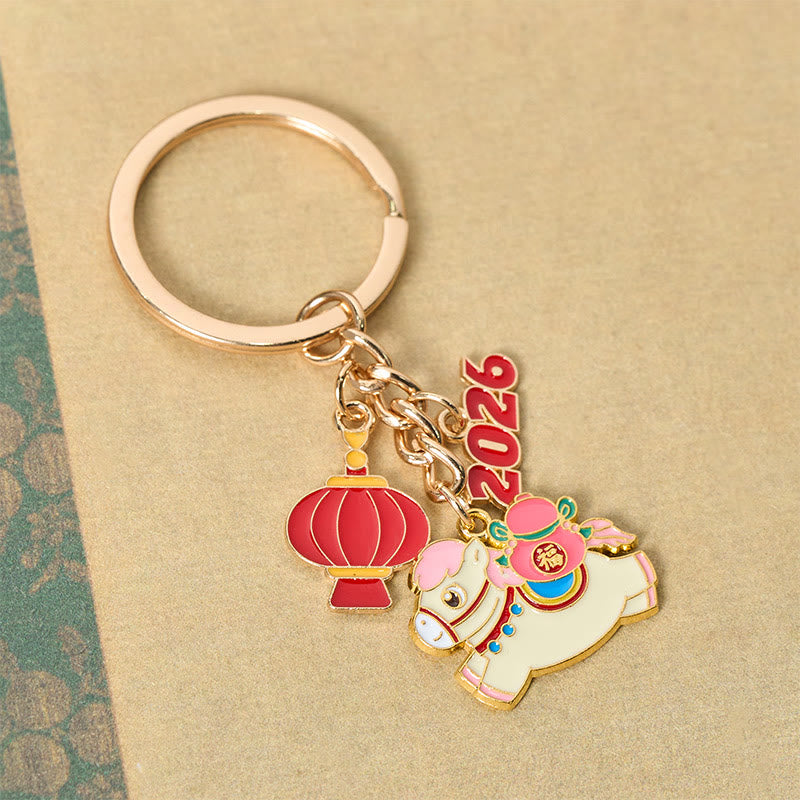 Buddha Stones "Hoping You Have a Joyful Year" Year of the Horse Lantern Fu Character Glutinous Rice Balls Bowl Gourd Alloy Key Chain Includes Gift Message Card - image 10