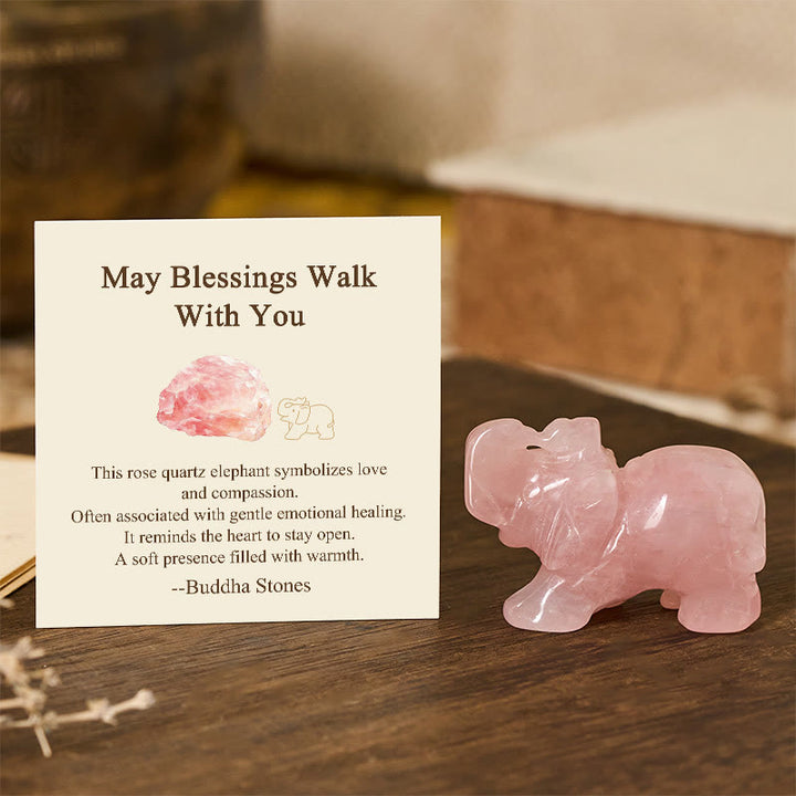 Buddha Stones ''May Blessings Walk With You'' Natural Small Elephant Amazonite Amethyst Jade Black Obsidian Stone Decoration Includes Gift Message Card - Rose Quartz 5*3.9*2.5cm - Standard Gift Box - image 38