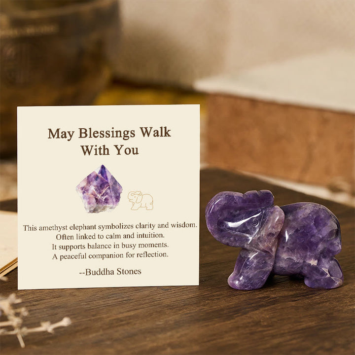 Buddha Stones ''May Blessings Walk With You'' Natural Small Elephant Amazonite Amethyst Jade Black Obsidian Stone Decoration Includes Gift Message Card - Amethyst 5*3.9*2.5cm - Standard Gift Box - image 11