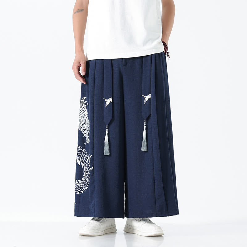 Buddha Stones Summer Dragon Drawstring Design Cotton Ankle-Length Men's Wide Leg Pants With Pockets - image 1