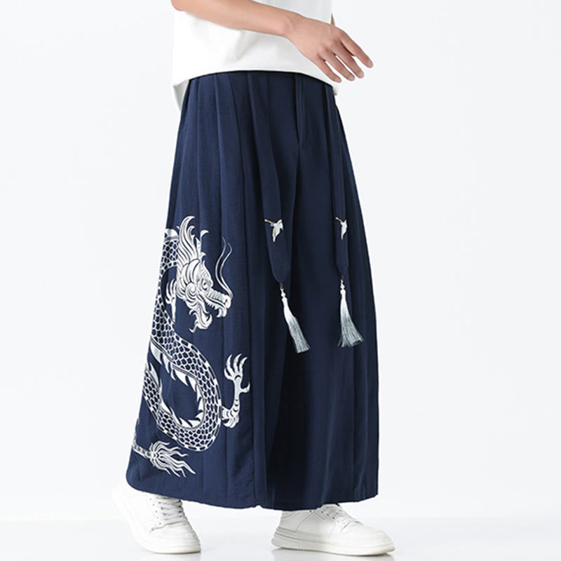 Buddha Stones Summer Dragon Drawstring Design Cotton Ankle-Length Men's Wide Leg Pants With Pockets - image 5