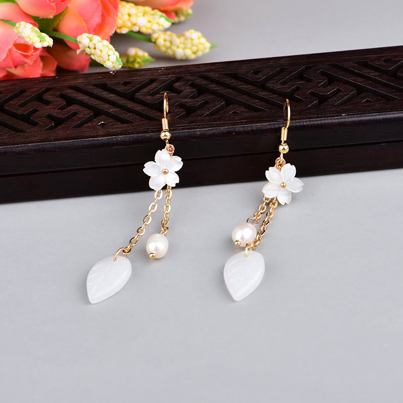 Buddha Stones Pearl White Flower Leaves Happiness Drop Earrings - image 1