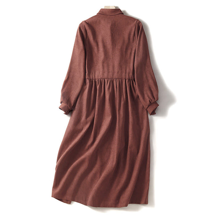 Buddha Stones Fall Solid Color Buttons Down Lace-up Design Long Sleeve Midi Dress With Pockets - image 1