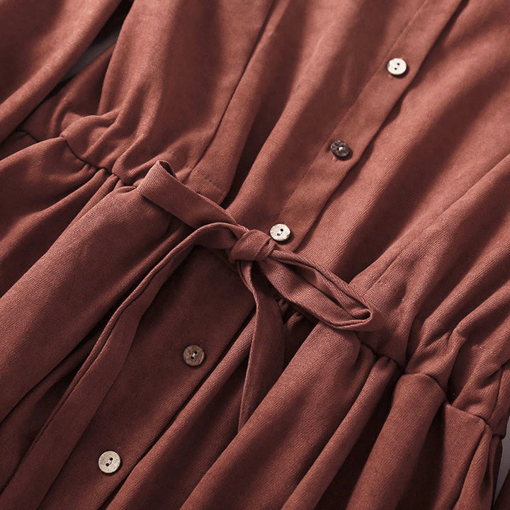 Buddha Stones Fall Solid Color Buttons Down Lace-up Design Long Sleeve Midi Dress With Pockets - image 3